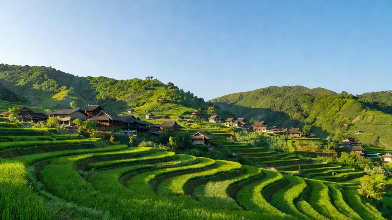 Khung cảnh Xã Bản Phố, Huyện Bắc Hà, tỉnh Lào Cai với nhà truyền thống và đồi xanh.