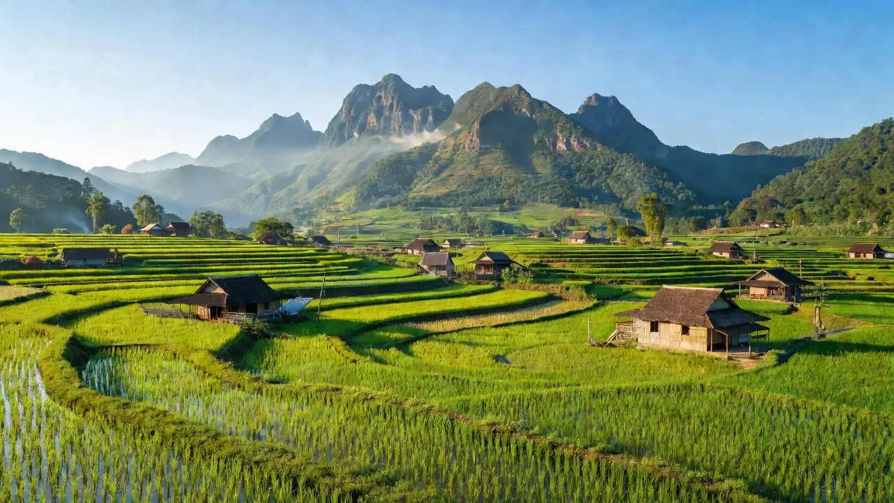 Cảnh đẹp Xã Bảo Nhai, Huyện Bắc Hà, Tỉnh Lào Cai với cánh đồng và núi non hùng vĩ.