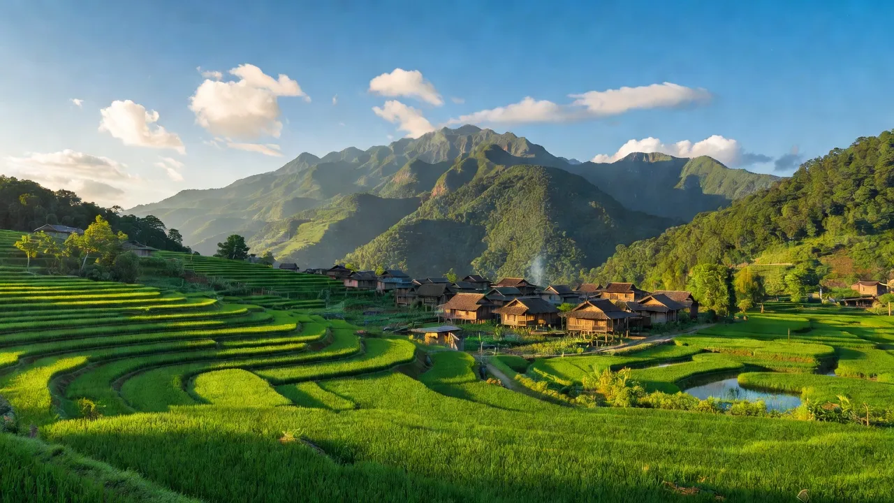 Phong cảnh xã Bảo Nhai, huyện Bắc Hà, tỉnh Lào Cai với cánh đồng xanh và núi non hùng vĩ.
