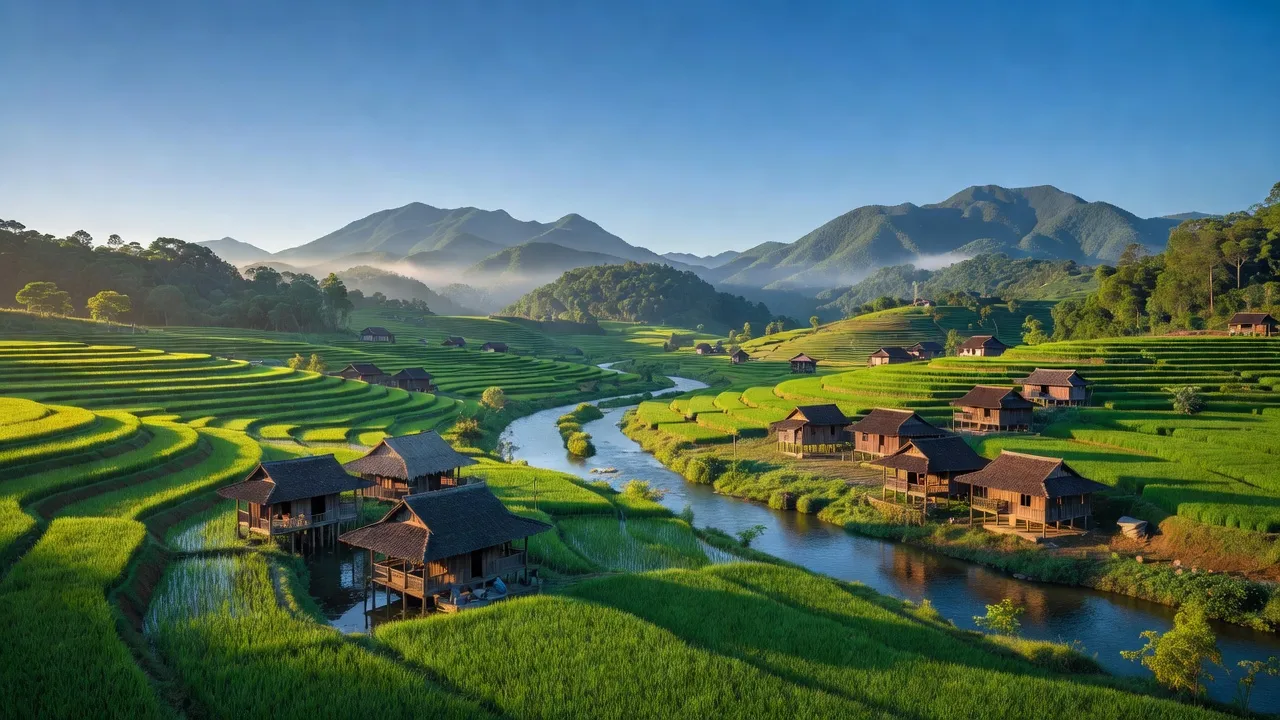 Cảnh quan xóm Cốc Lầu, Bắc Hà, Lào Cai, với ruộng bậc thang và sông Chảy.
