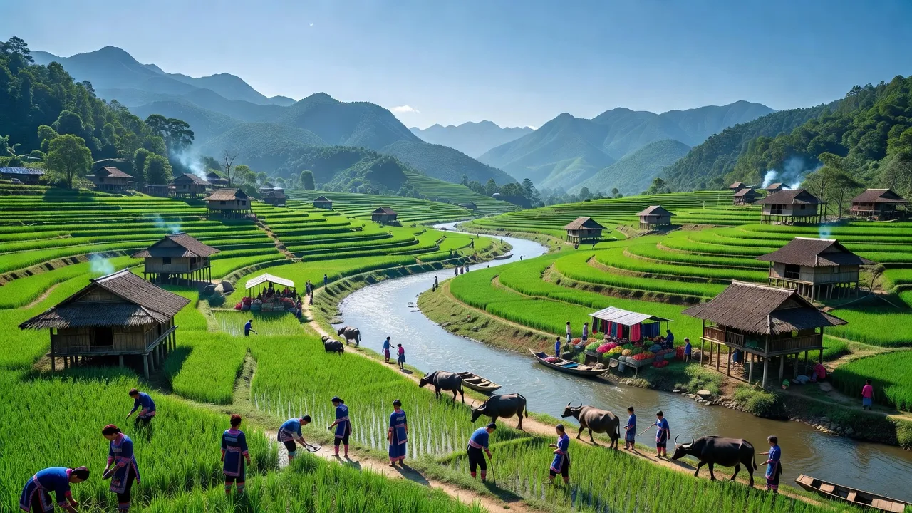 Cốc Lầu, Bắc Hà, Lào Cai with rivers, greenery, and traditional houses, showcasing local life.