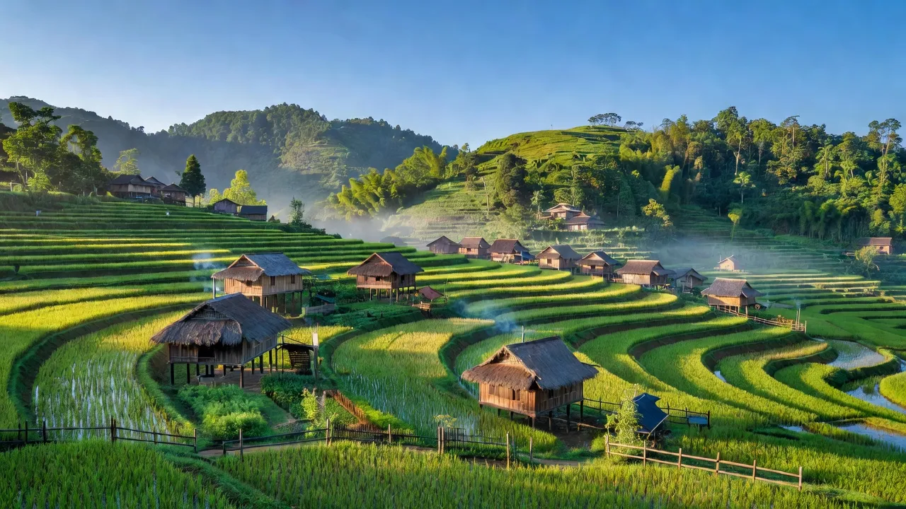 Cảnh đẹp xã Cốc Ly, Bắc Hà, Lào Cai với ruộng bậc thang và nhà dân tộc.