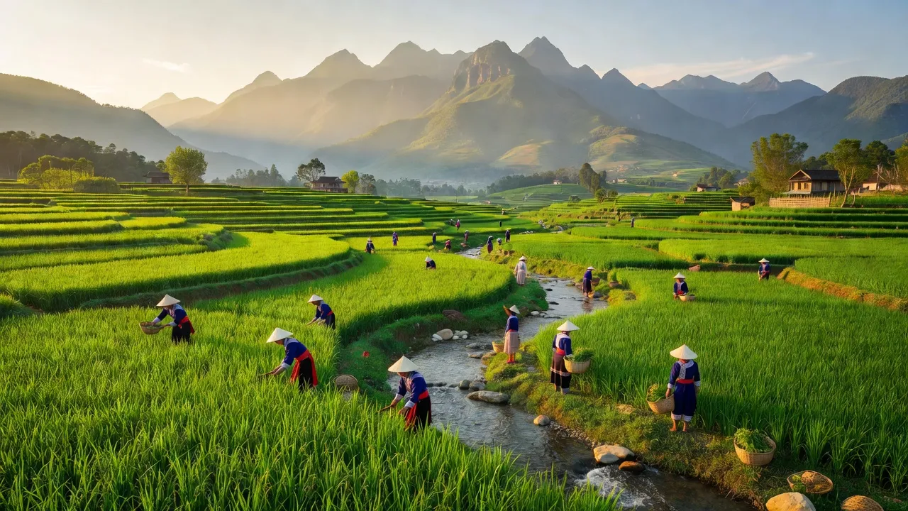 Cảnh đẹp Xã Cốc Ly, huyện Bắc Hà với cánh đồng xanh, sông và núi, thể hiện nông thôn Việt Nam.