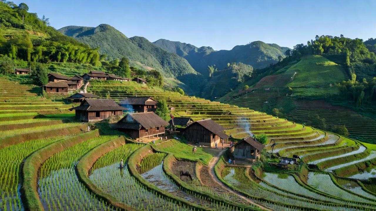 Cảnh quan xã Hoàng Thu Phố, huyện Bắc Hà với ruộng bậc thang và nhà gỗ truyền thống.
