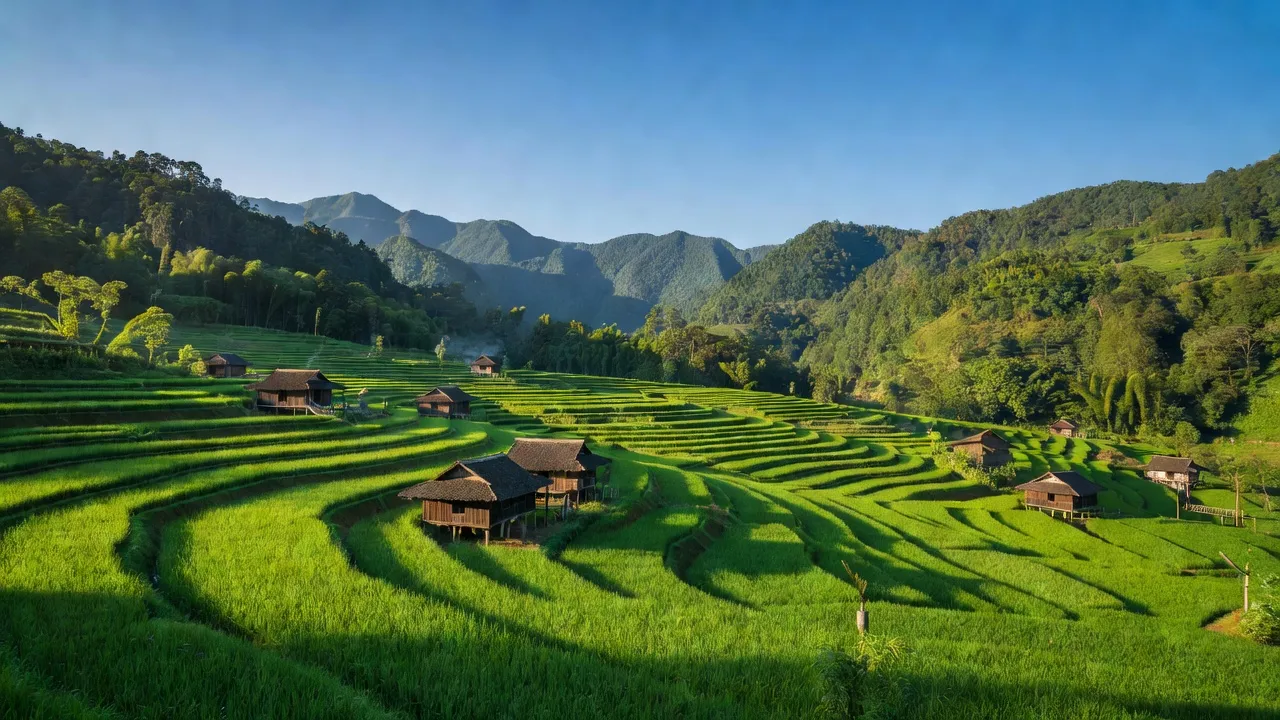 Cảnh quan xã Hoàng Thu Phố với ruộng bậc thang và nhà sàn, huyện Bắc Hà, Lào Cai.