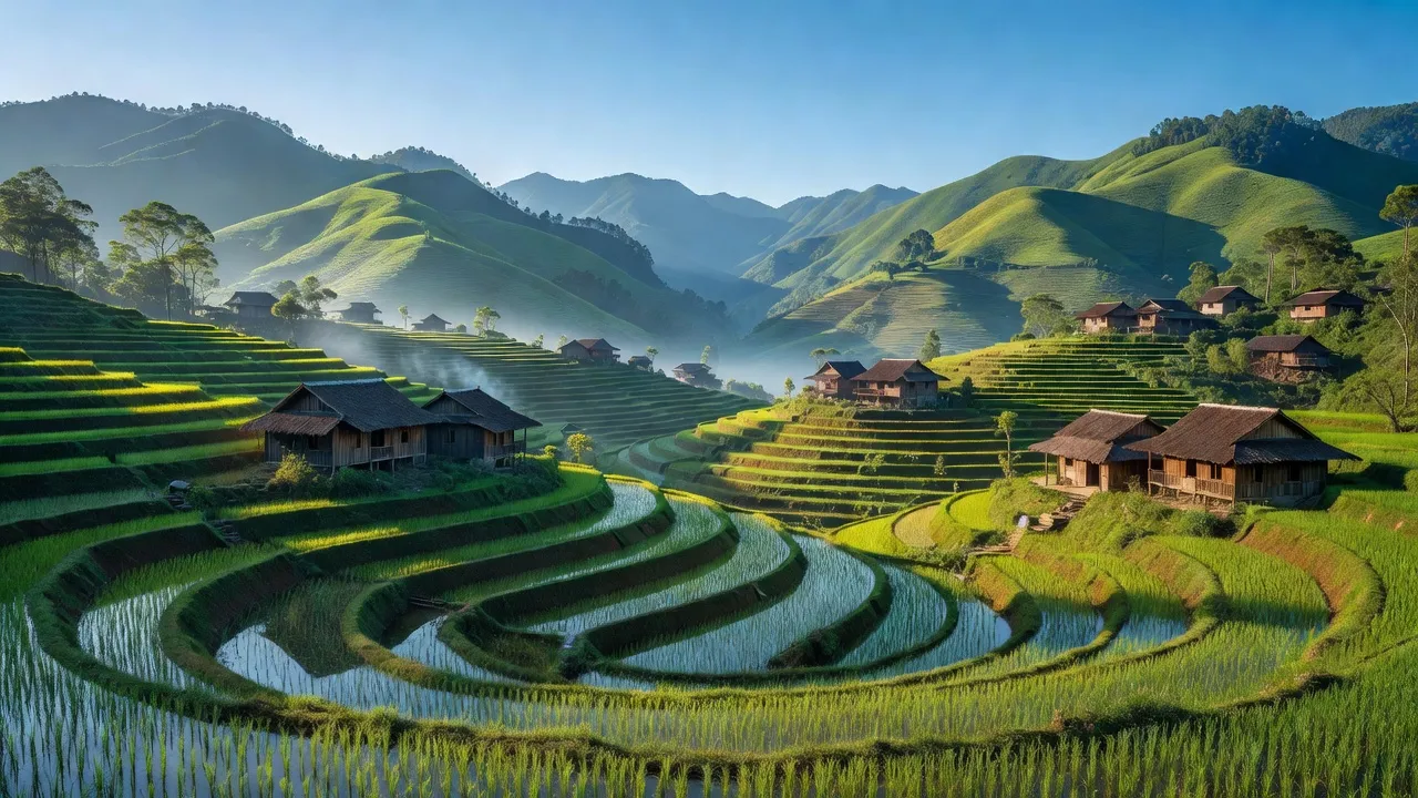 Cảnh đẹp xã Lùng Cải, Bắc Hà, Lào Cai với ruộng bậc thang và những ngôi nhà truyền thống.