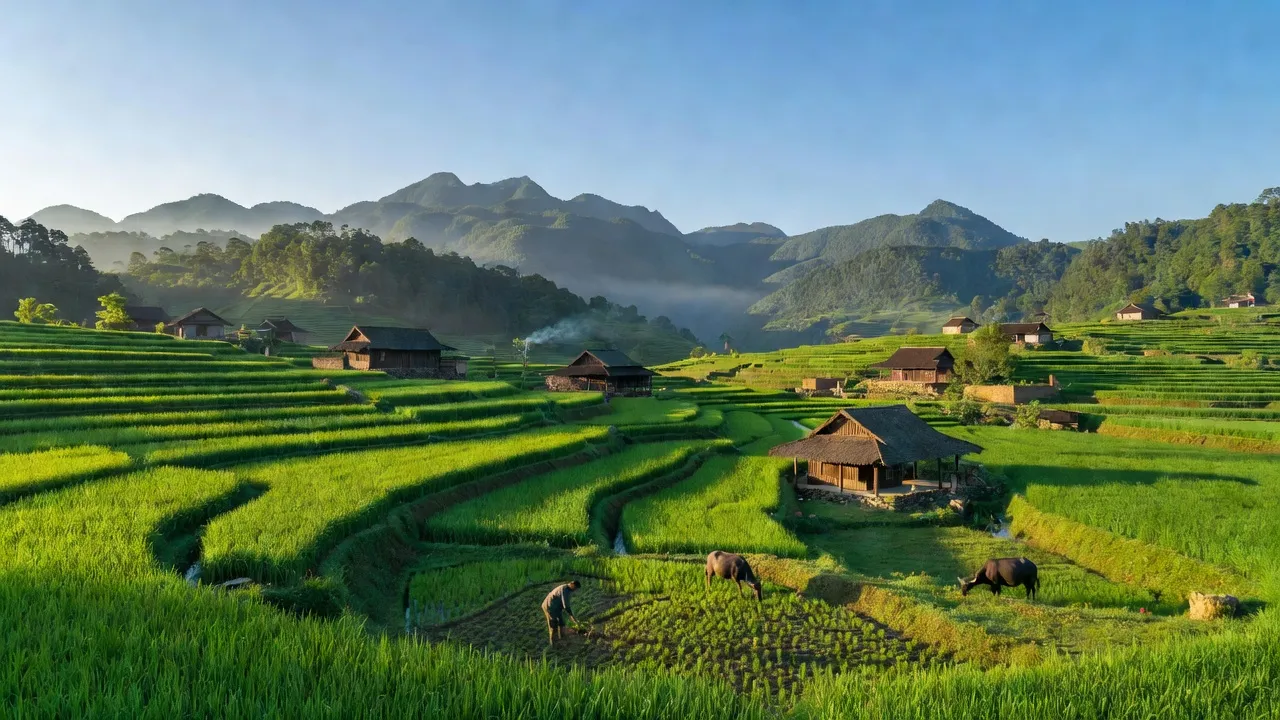 Khung cảnh bình yên của xã Lùng Cải, Bắc Hà, Lào Cai với ruộng bậc thang và núi xanh.