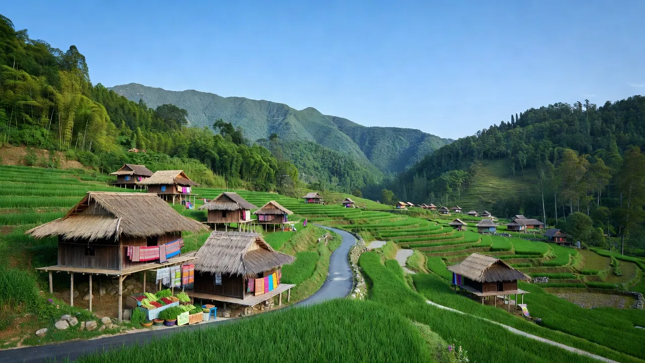 Cảnh quan xã Lùng Phình, huyện Bắc Hà, tỉnh Lào Cai với núi xanh và nhà truyền thống.