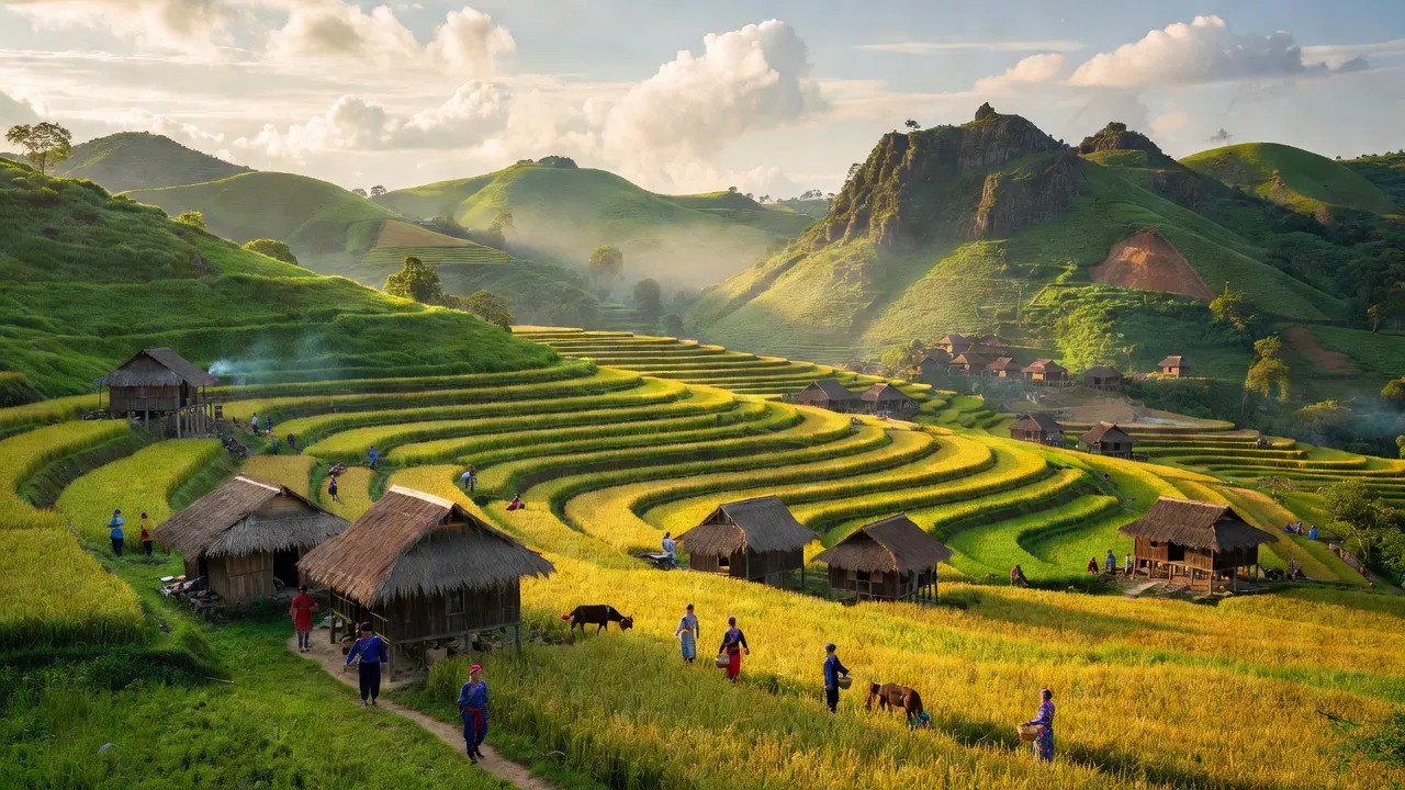 Xã Lùng Phình, huyện Bắc Hà, Lào Cai với đồi xanh, cánh đồng lúa và nhà truyền thống.