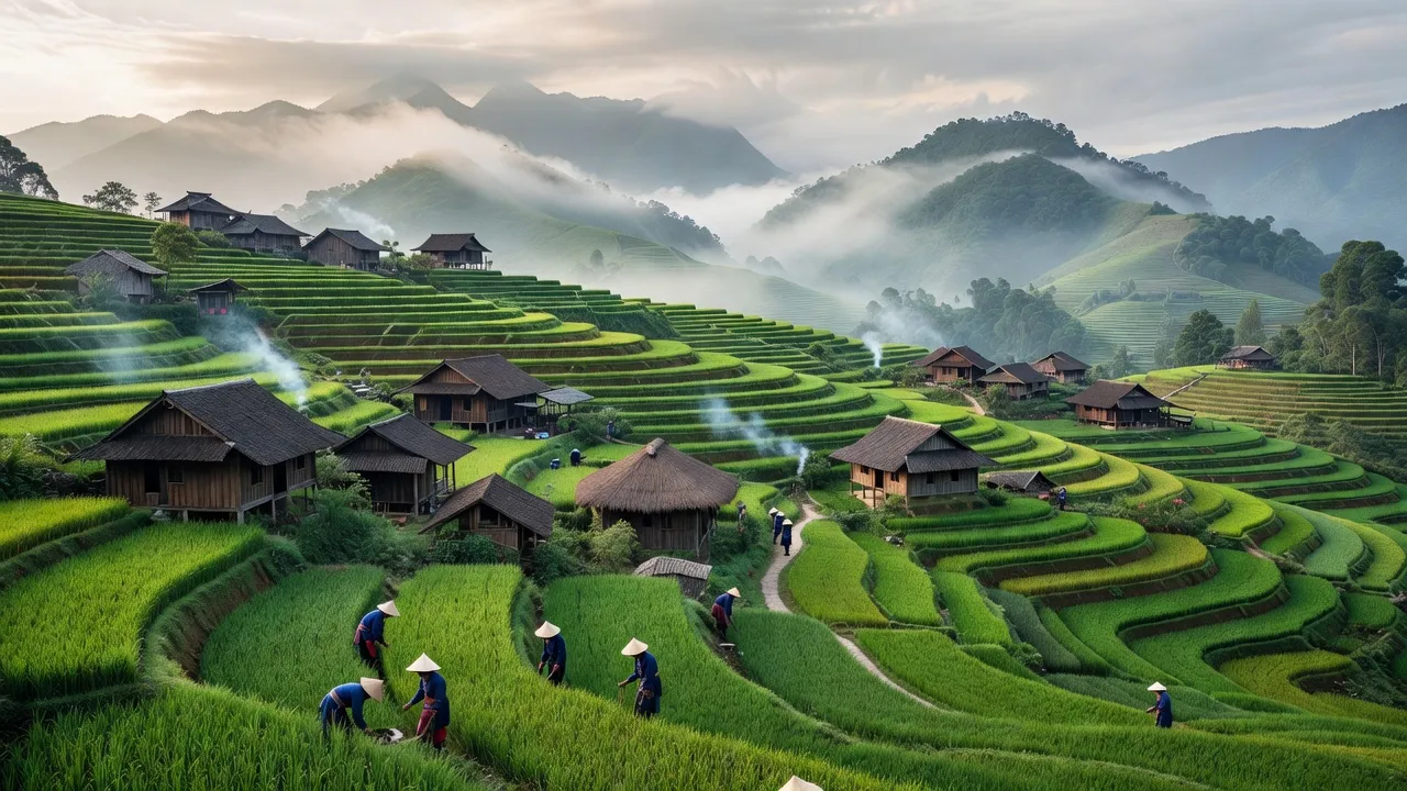Cảnh đồng ruộng xanh tại xã Na Hối, huyện Bắc Hà, Lào Cai, thể hiện nông thôn Việt Nam.