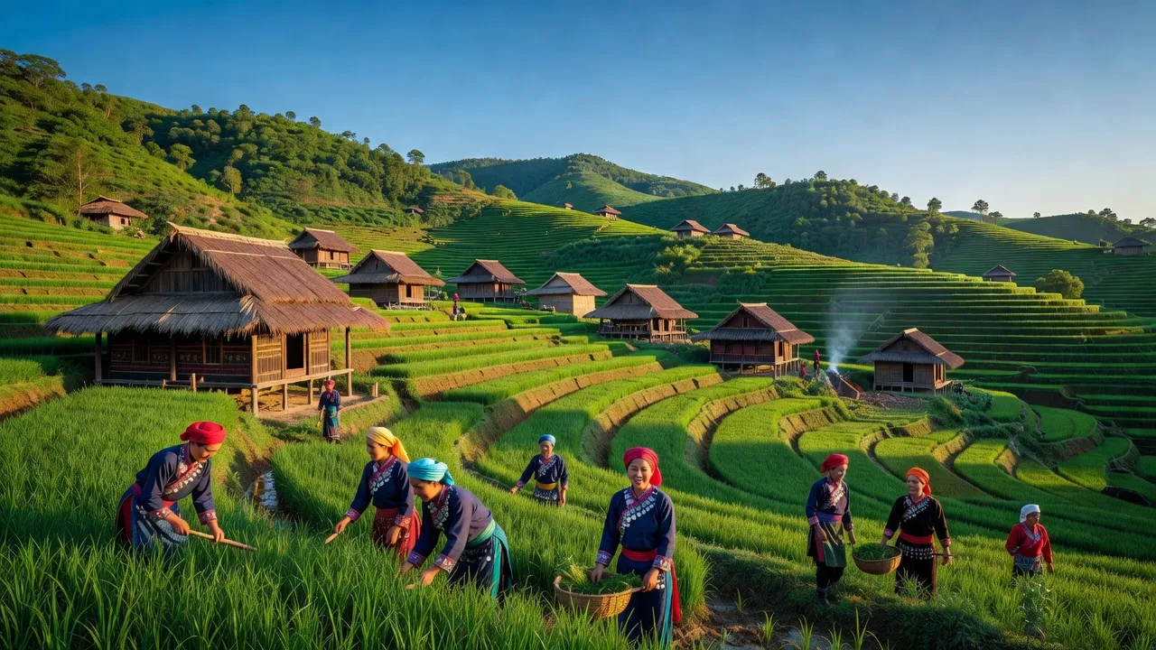 Bức tranh phong cảnh xã Nậm Đét, huyện Bắc Hà với cánh đồng xanh và nhà người Dao.