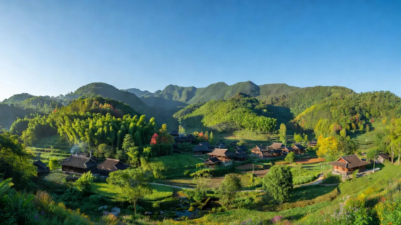 Khung cảnh nên thơ của xã Nậm Đét, huyện Bắc Hà, tỉnh Lào Cai với núi non và nhà người Dao.