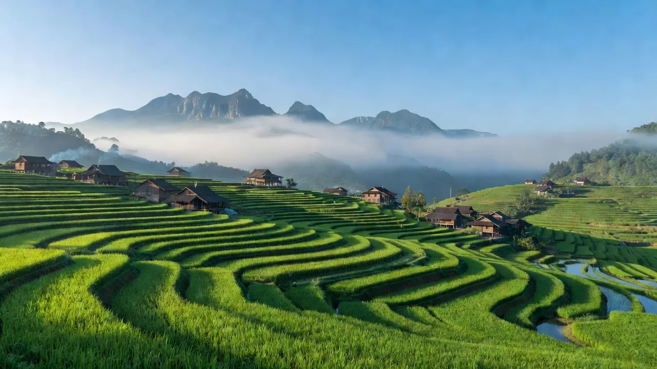 Khung cảnh làng Nậm Khánh, Bắc Hà, Lào Cai với ruộng bậc thang và núi mờ sương.