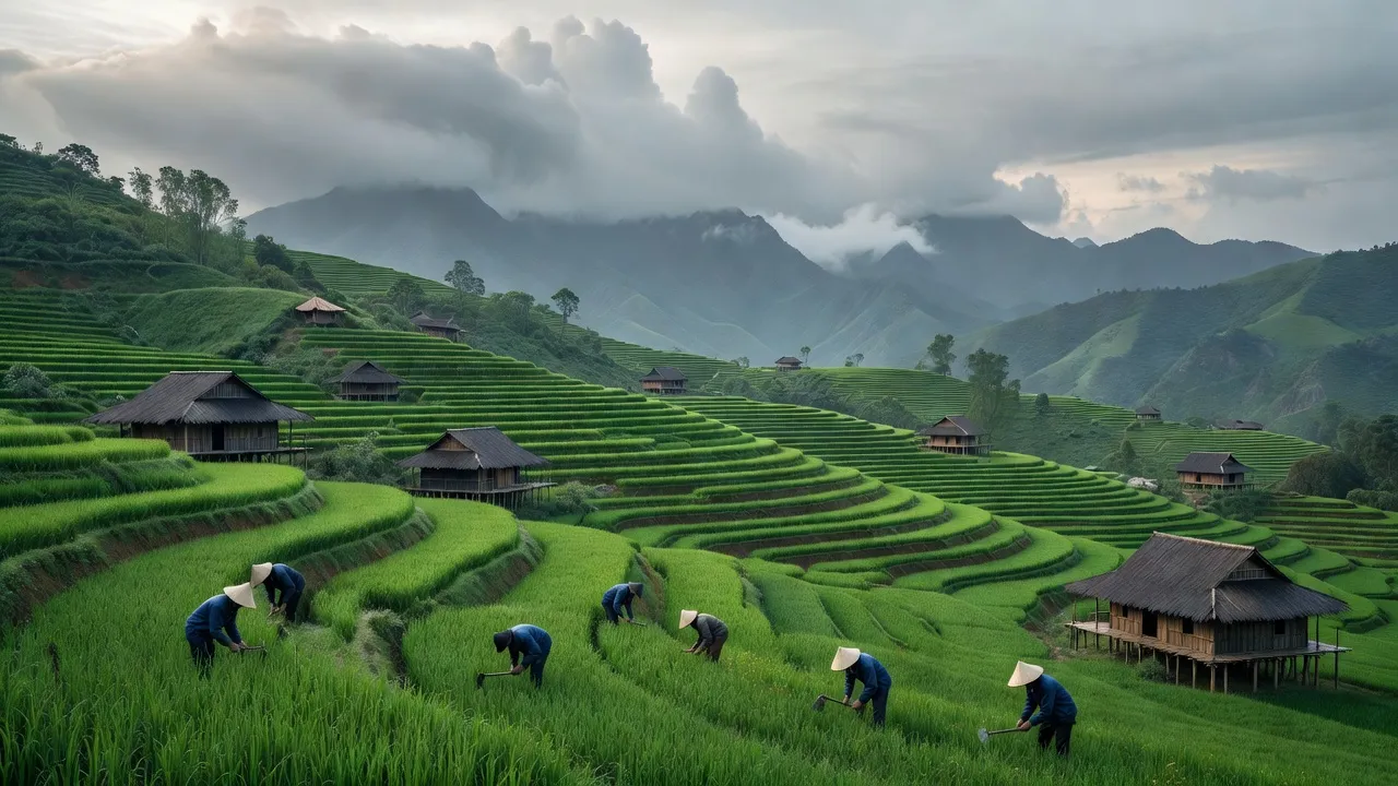 Khung cảnh yên bình xã Nậm Khánh, huyện Bắc Hà, tỉnh Lào Cai với đồi núi xanh mát và nhà sàn.