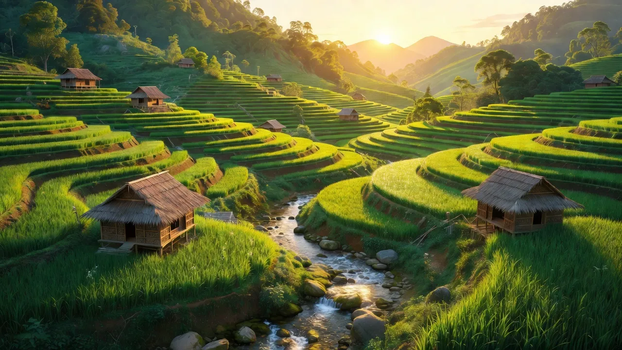 Khung cảnh xã Nậm Lúc, huyện Bắc Hà, tỉnh Lào Cai với đồi núi xanh và dòng suối trong lành.