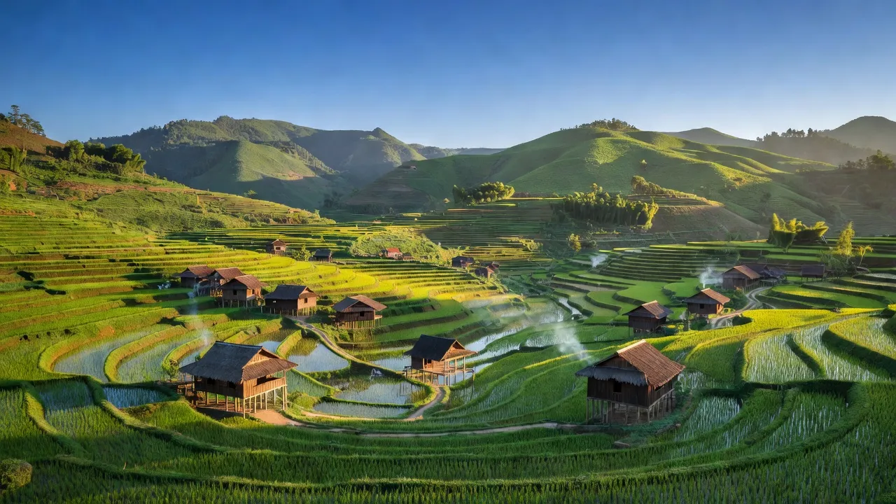 Màu sắc thiên nhiên tươi đẹp ở Xã Nậm Mòn, Huyện Bắc Hà, Tỉnh Lào Cai với nhà truyền thống và ruộng bậc thang.