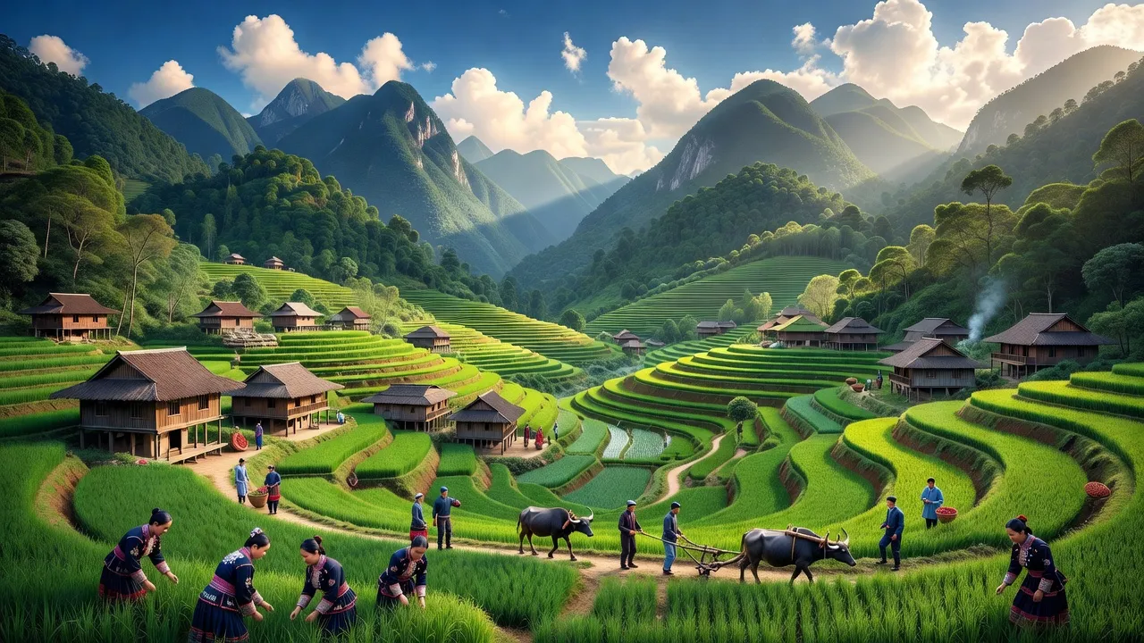 Khung cảnh xã Tả Củ Tỷ, huyện Bắc Hà, Lào Cai với núi non, ruộng bậc thang và bầu trời xanh.