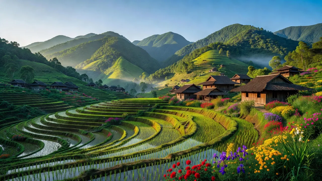 Khung cảnh yên bình xã Tả Củ Tỷ, huyện Bắc Hà với núi xanh và nhà sàn truyền thống.