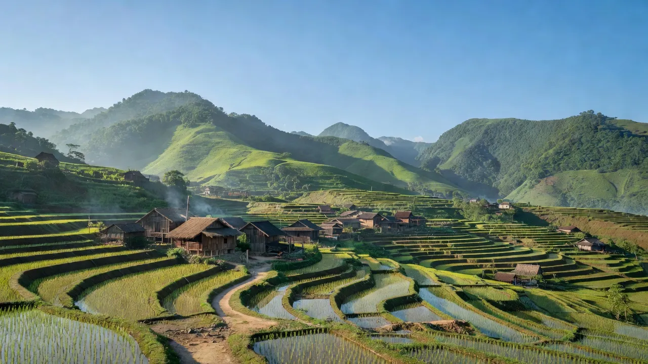 Khung cảnh yên bình xã Tả Van Chư, huyện Bắc Hà, tỉnh Lào Cai với những cánh đồng bậc thang.