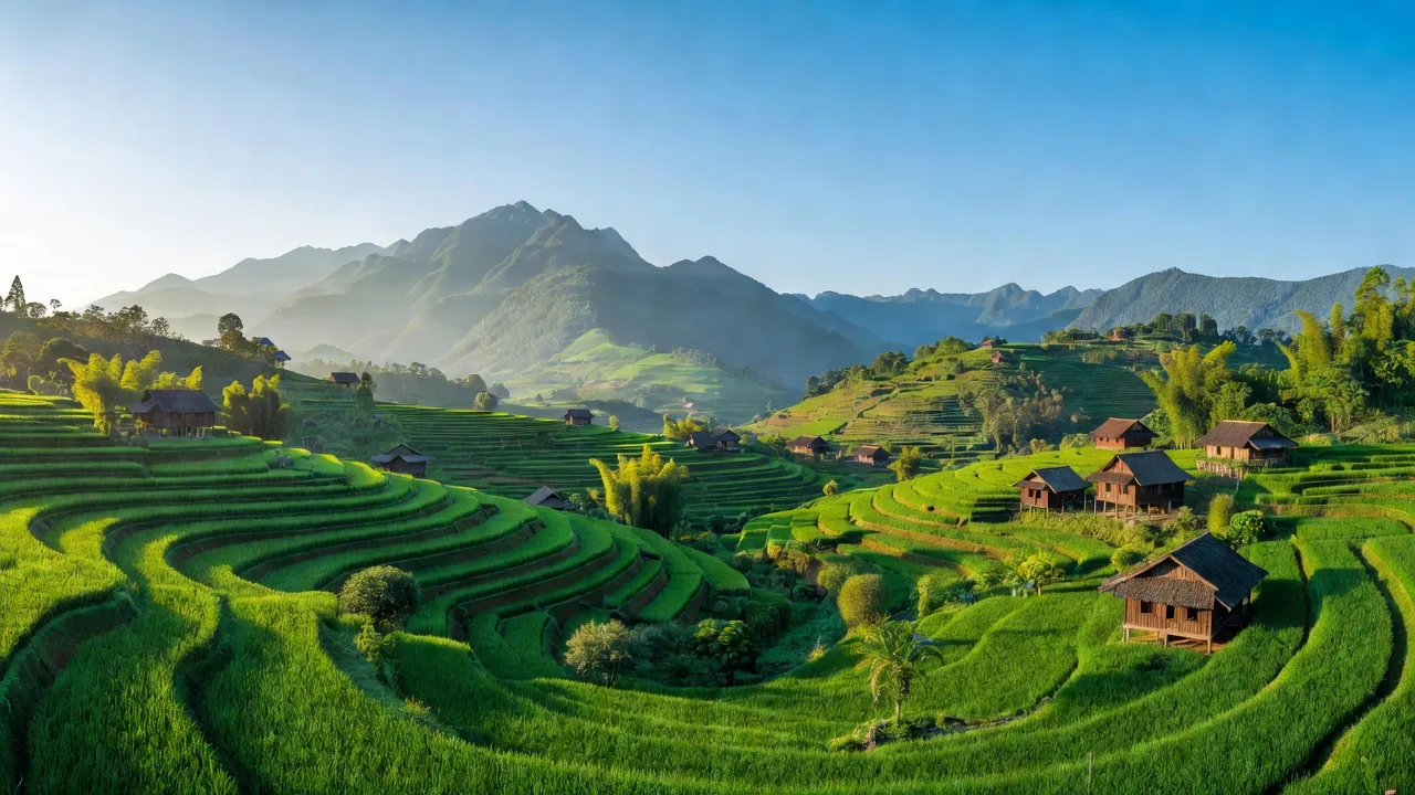 Cảnh đẹp thôn quê xã Thải Giàng Phố, Bắc Hà với ruộng bậc thang và nhà gỗ truyền thống.