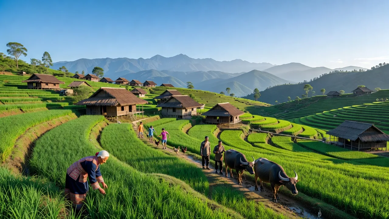 Cảnh quan yên bình xã Thải Giàng Phố, Bắc Hà, Lào Cai với thung lũng xanh và nhà truyền thống.