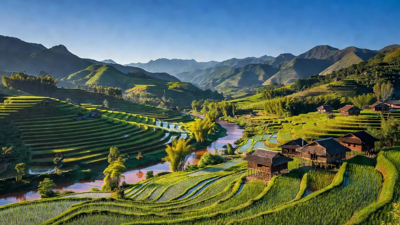 Cảnh đẹp huyện Bảo Thắng, tỉnh Lào Cai với thung lũng xanh và sông Hồng, đặc trưng văn hóa.