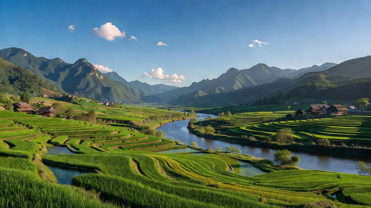 Khung cảnh huyện Bảo Thắng với cánh đồng xanh, sông Hồng, và núi non hùng vĩ, Lào Cai.