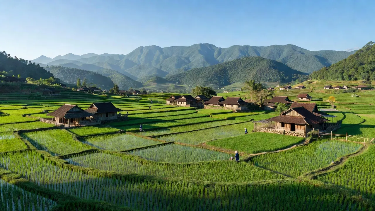Cảnh quan Xã Gia Phú, huyện Bảo Thắng, tỉnh Lào Cai với ruộng bậc thang và núi xanh