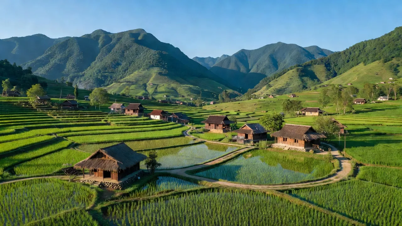 Khung cảnh xã Gia Phú, huyện Bảo Thắng, tỉnh Lào Cai, với núi non và ruộng bậc thang.