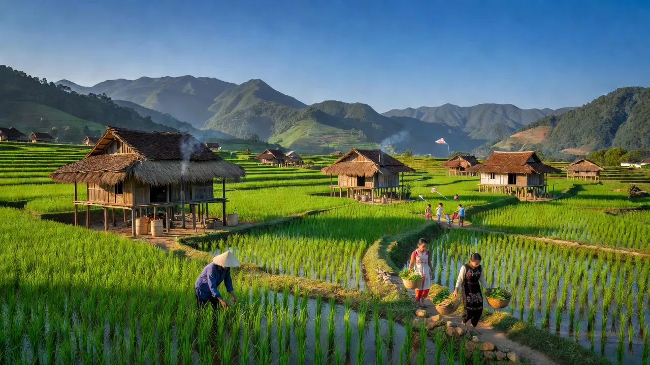 Khung cảnh Xã Phong Niên, huyện Bảo Thắng, tỉnh Lào Cai với ruộng xanh và nhà truyền thống.