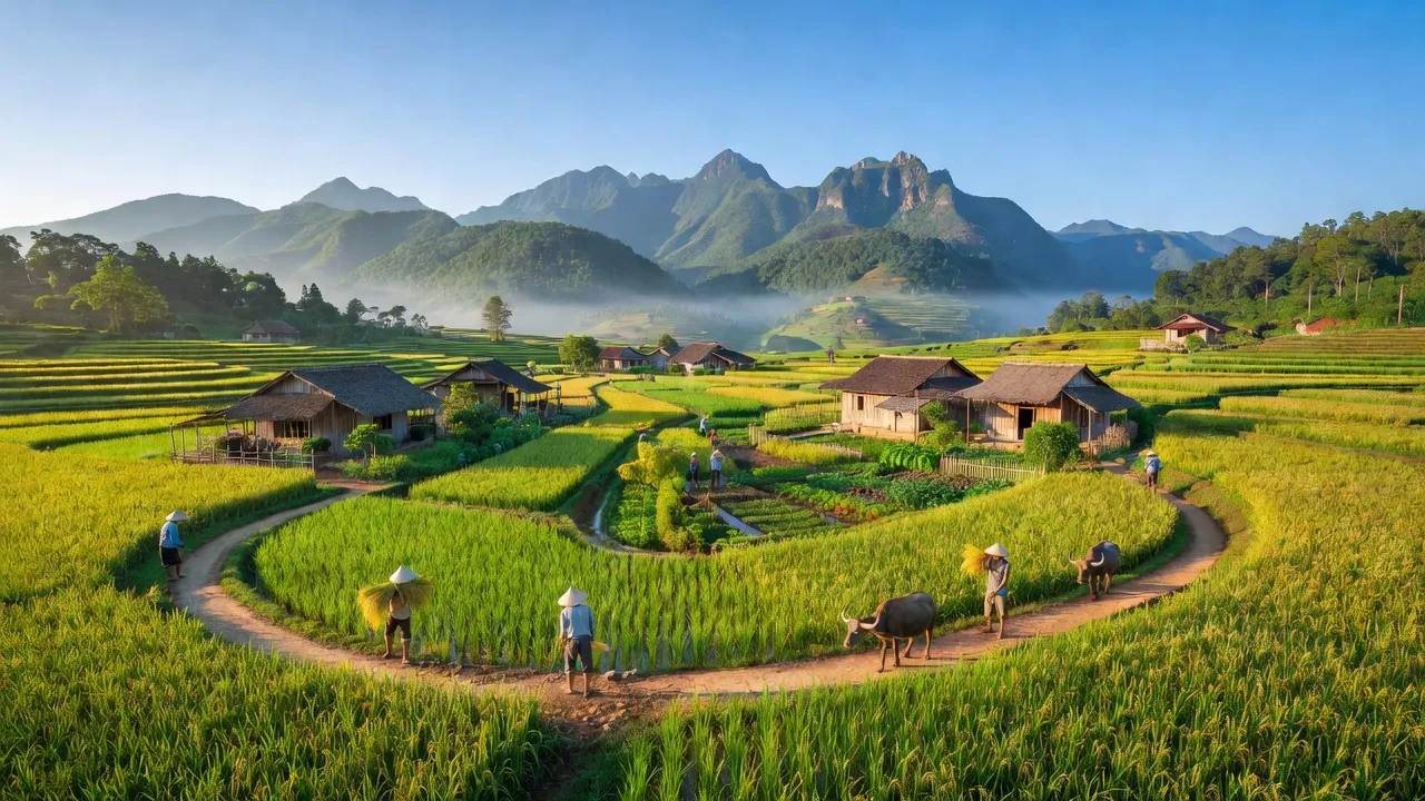 Phong Niên, Bảo Thắng, Lào Cai, picturesque rural landscape with rice fields and mountains.