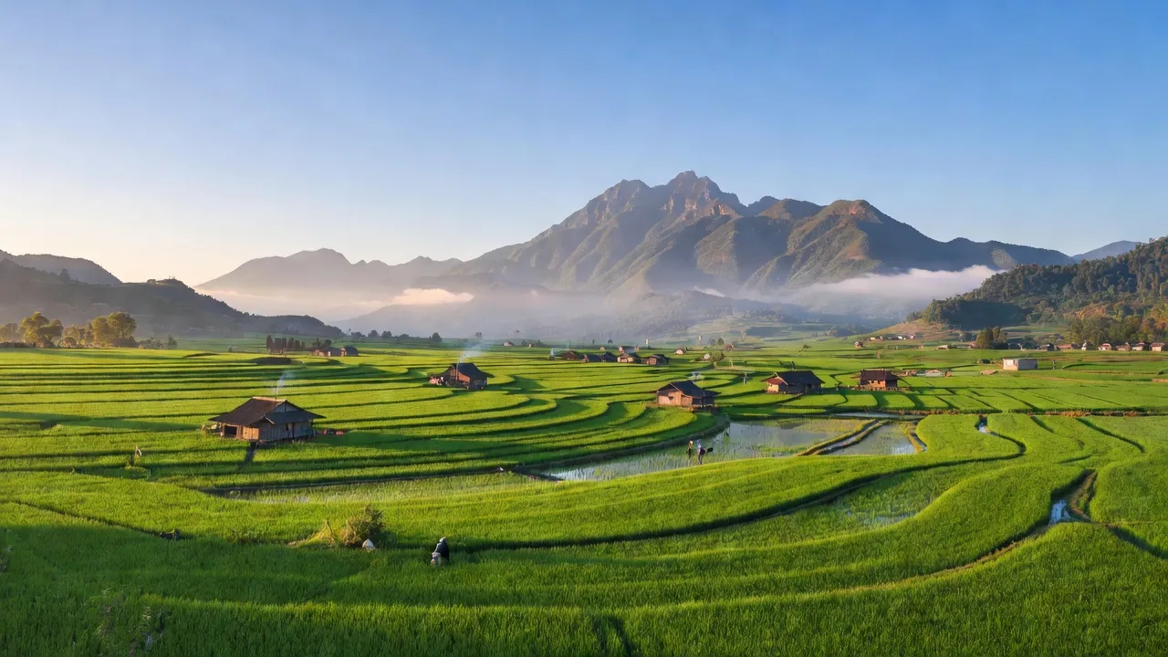 Cảnh đẹp Xã Phú Nhuận, Huyện Bảo Thắng, Tỉnh Lào Cai với cánh đồng xanh và núi.