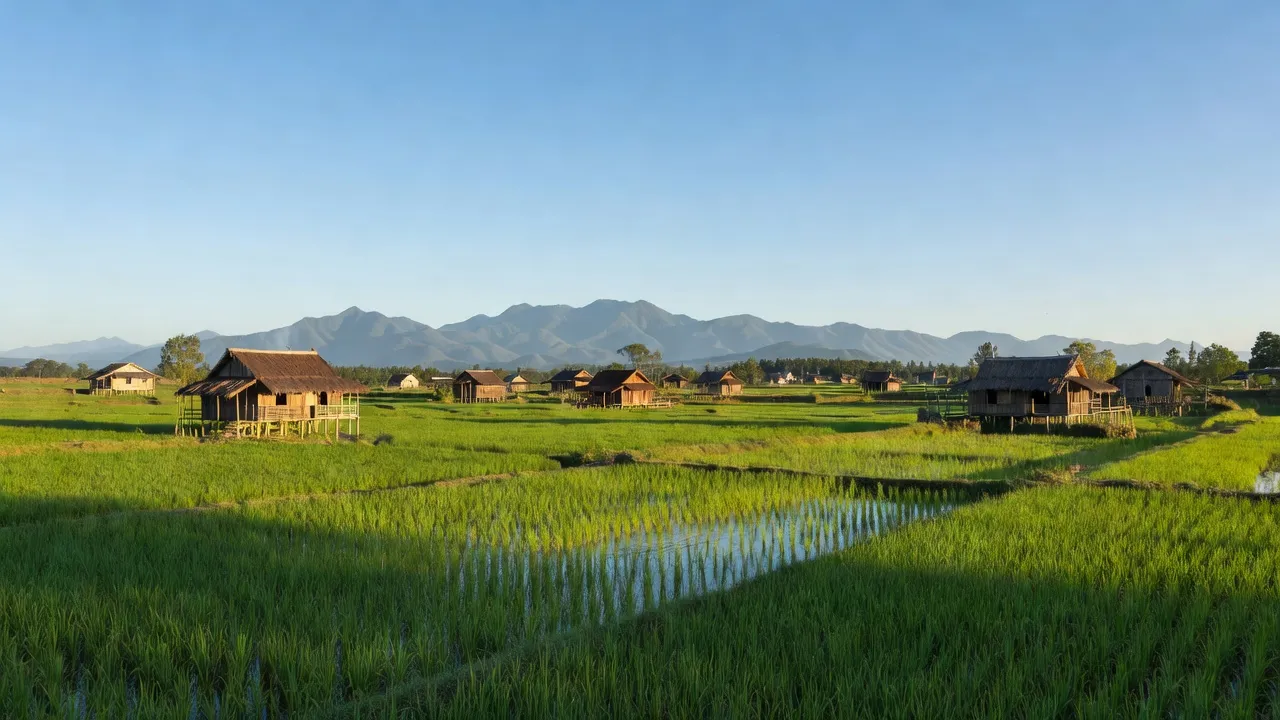 Khung cảnh nông thôn xã Phú Nhuận, huyện Bảo Thắng, Lào Cai với đồng xanh và núi xa.