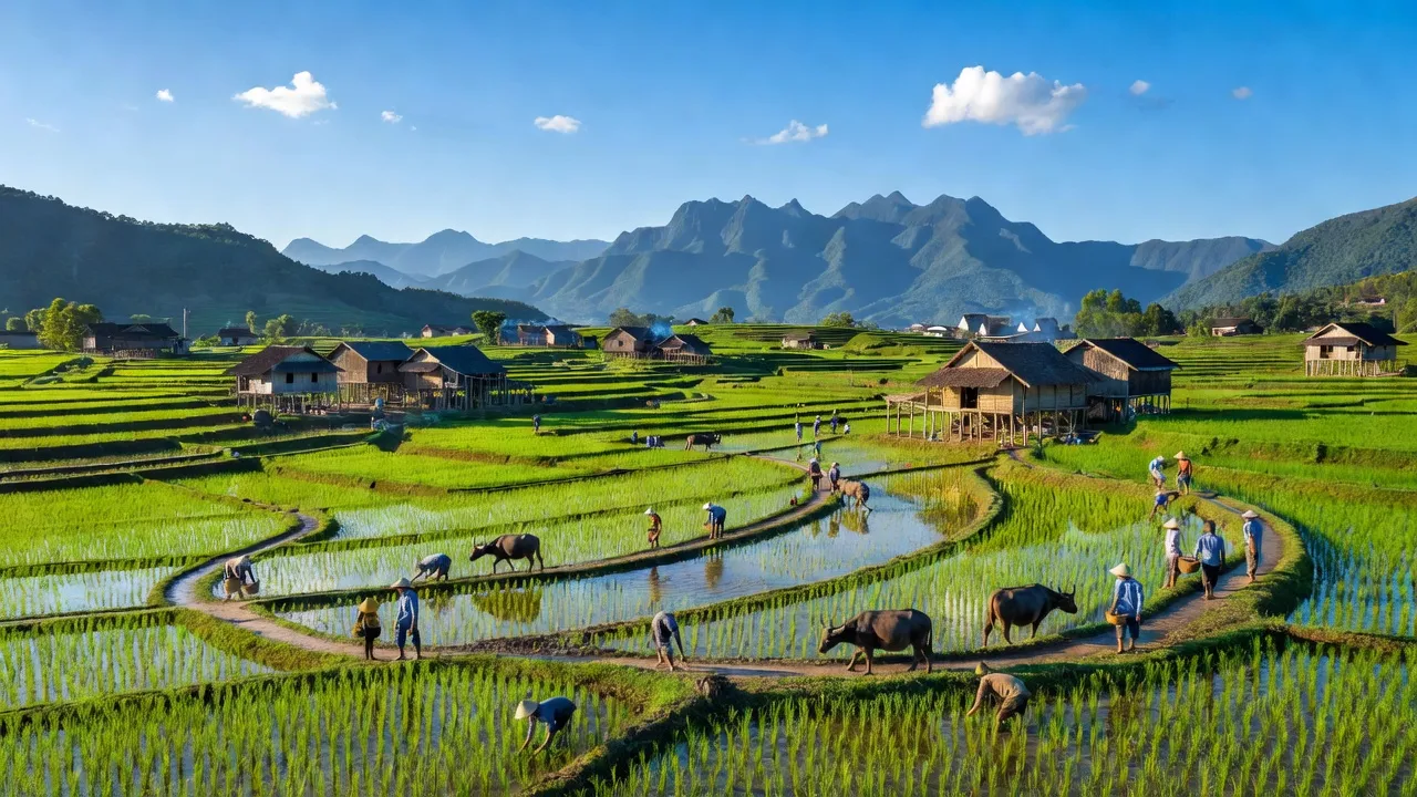 Cảnh sắc xã Sơn Hải, huyện Bảo Thắng, tỉnh Lào Cai với cánh đồng xanh tươi và núi non hùng vĩ.