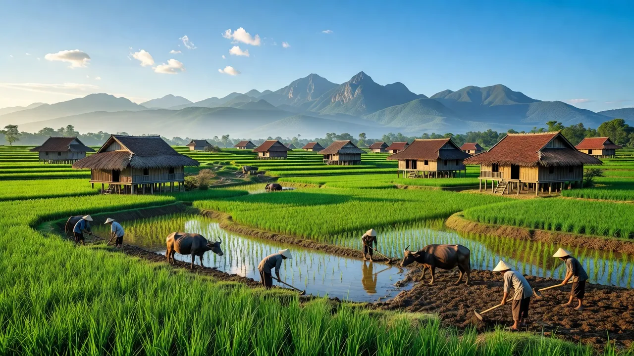 Khung cảnh yên bình tại Xã Sơn Hải, Huyện Bảo Thắng, Lào Cai với cánh đồng xanh và núi non.