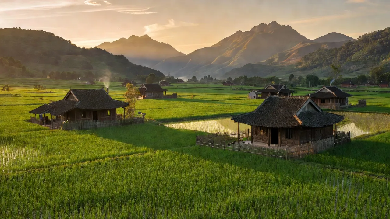 Cảnh đẹp Xã Trì Quang, Huyện Bảo Thắng, Tỉnh Lào Cai với thiên nhiên xanh và nhà truyền thống.