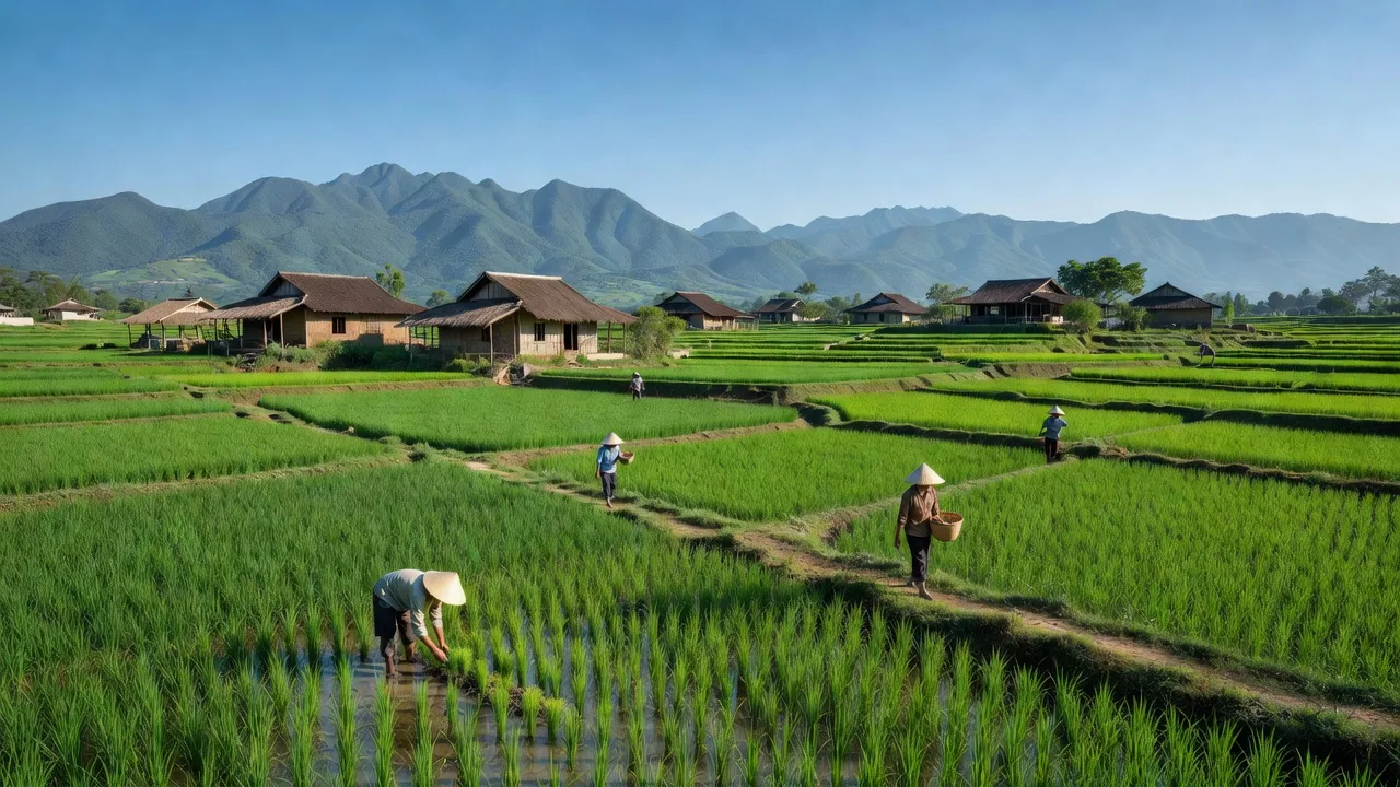 Khung cảnh yên bình tại xã Trì Quang, Bảo Thắng, Lào Cai với đồng ruộng xanh tươi.