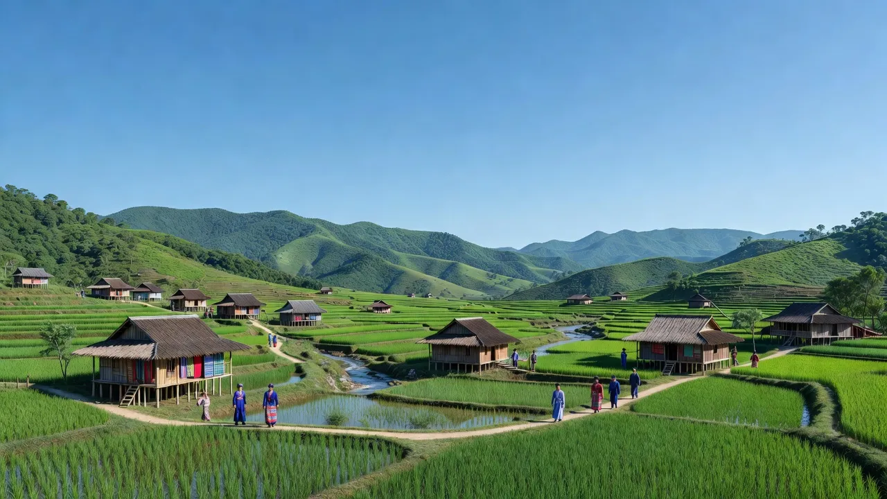 Xuân Giao in Bảo Thắng, Lào Cai with low mountains and green valleys, showcasing rural life.