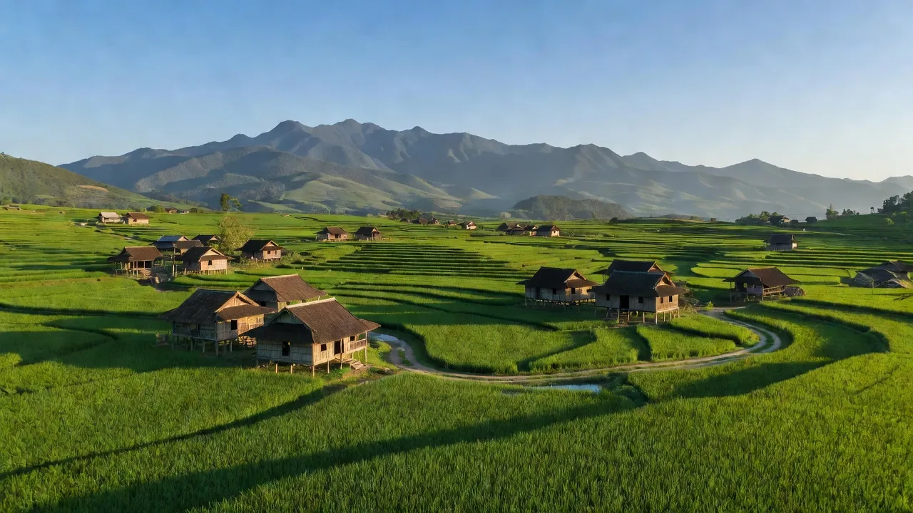Cảnh đẹp Xã Xuân Quang, Huyện Bảo Thắng với cánh đồng xanh và nhà truyền thống Việt Nam.