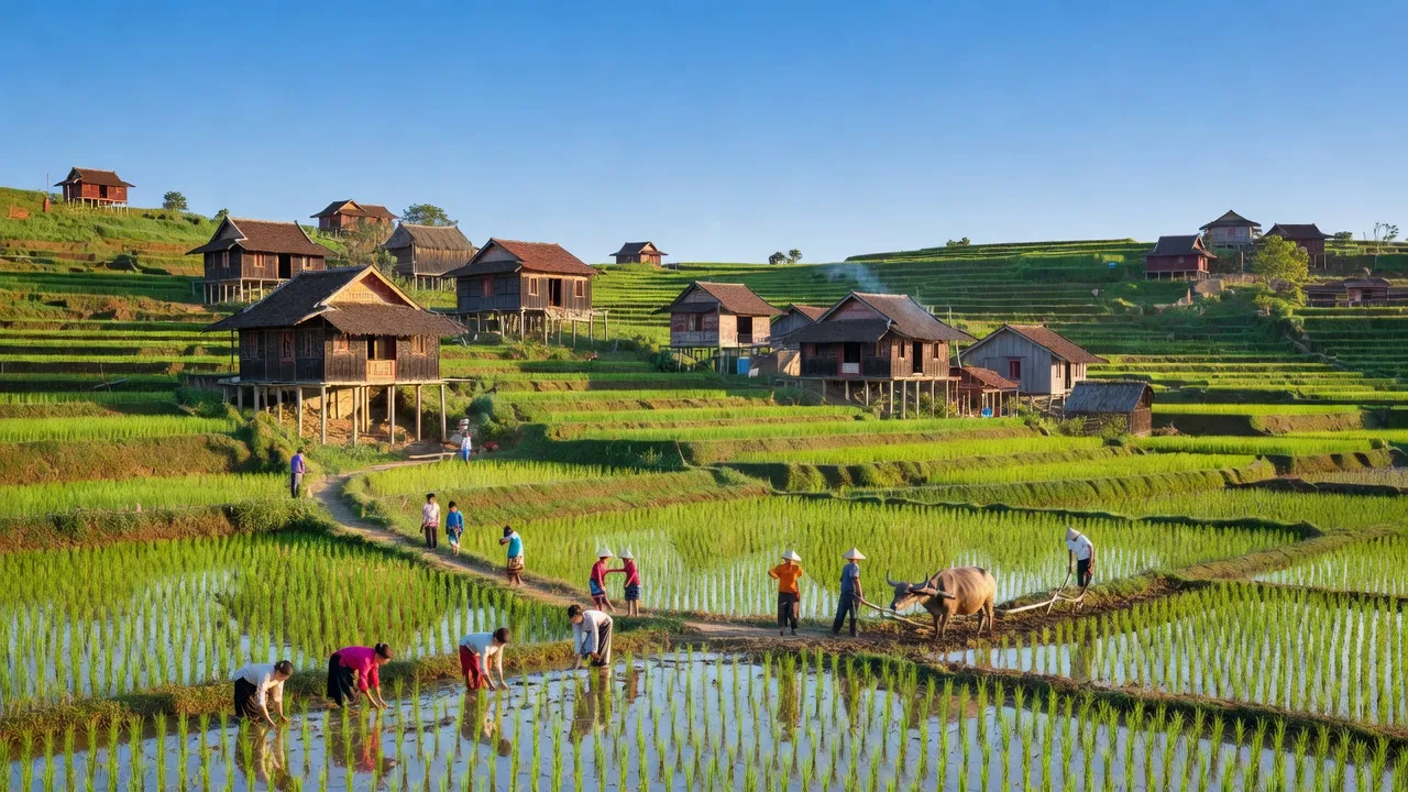 Khung cảnh yên bình tại Xã Xuân Quang, Huyện Bảo Thắng, tỉnh Lào Cai với cánh đồng lúa và nhà truyền thống.