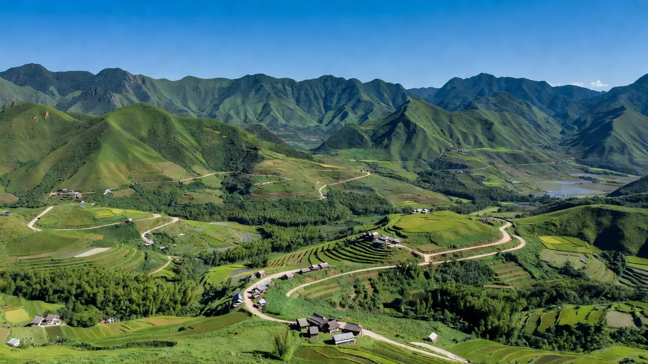 Khung cảnh huyện Bảo Yên, Lào Cai với địa hình núi non và bầu trời xanh trong. Bảo Yên district scenery, Lào Cai with mountainous terrain and clear blue sky.