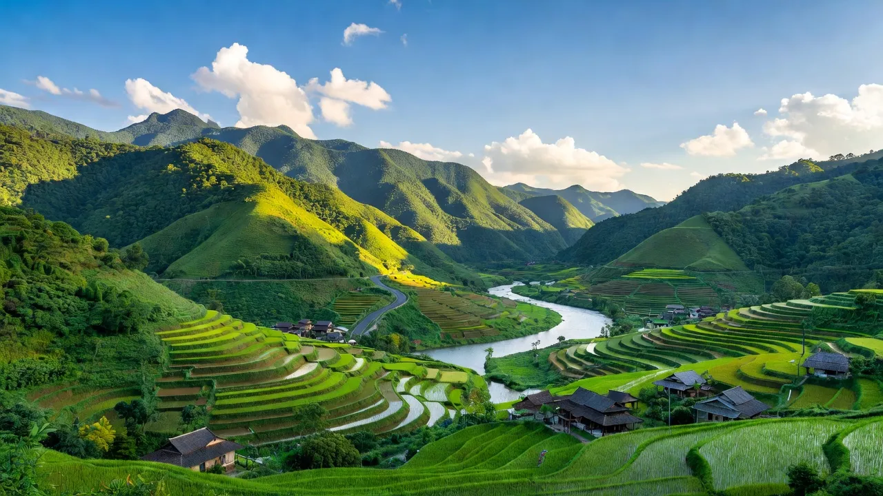 Khung cảnh huyện Bảo Yên, Lào Cai với núi non, ruộng bậc thang và đường uốn cong đẹp mắt.