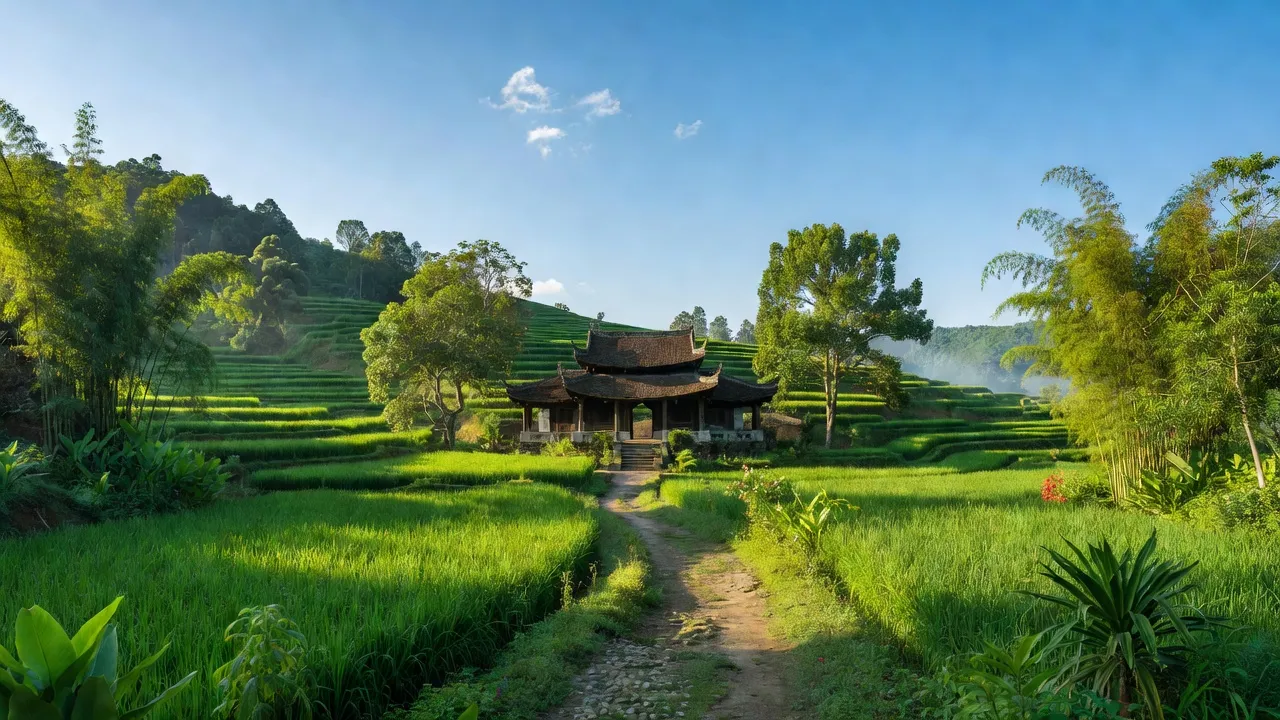 Cảnh sắc thiên nhiên đẹp ở xã Bảo Hà, huyện Bảo Yên, tỉnh Lào Cai với đền Bảo Hà.