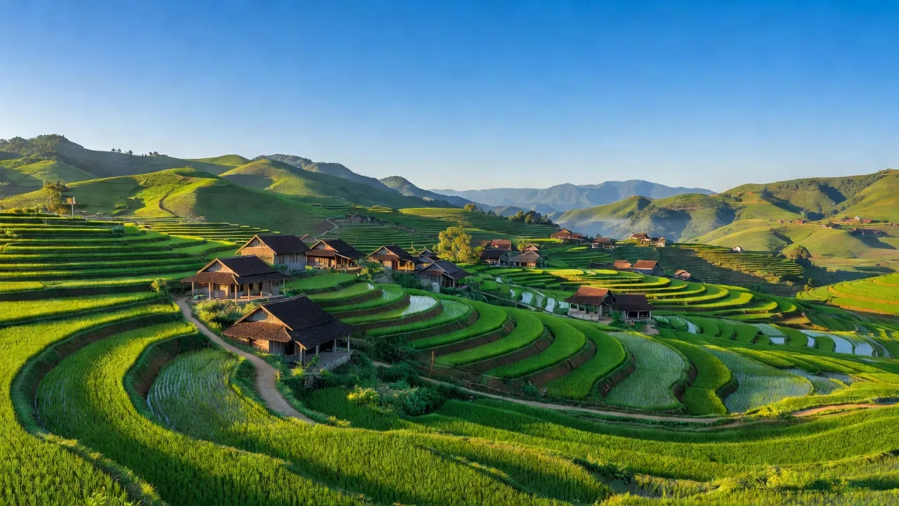 Khung cảnh Yên bình của xã Cam Cọn, huyện Bảo Yên, tỉnh Lào Cai với núi đồi và ruộng bậc thang.
