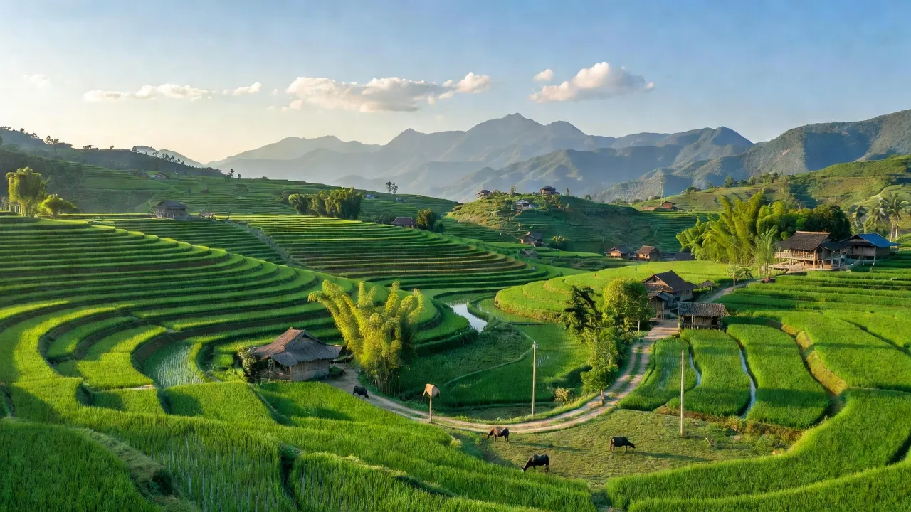 Cảnh đẹp Xã Điện Quan, Huyện Bảo Yên, Tỉnh Lào Cai với ruộng bậc thang và núi non hùng vĩ.