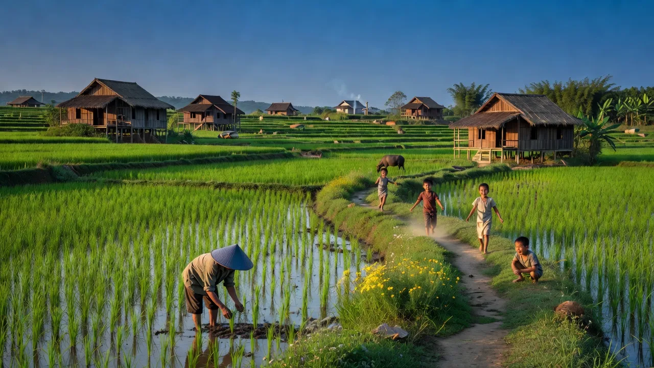 Cảnh sắc Xã Điện Quan, Huyện Bảo Yên, Lào Cai với cánh đồng xanh, nhà gỗ truyền thống.