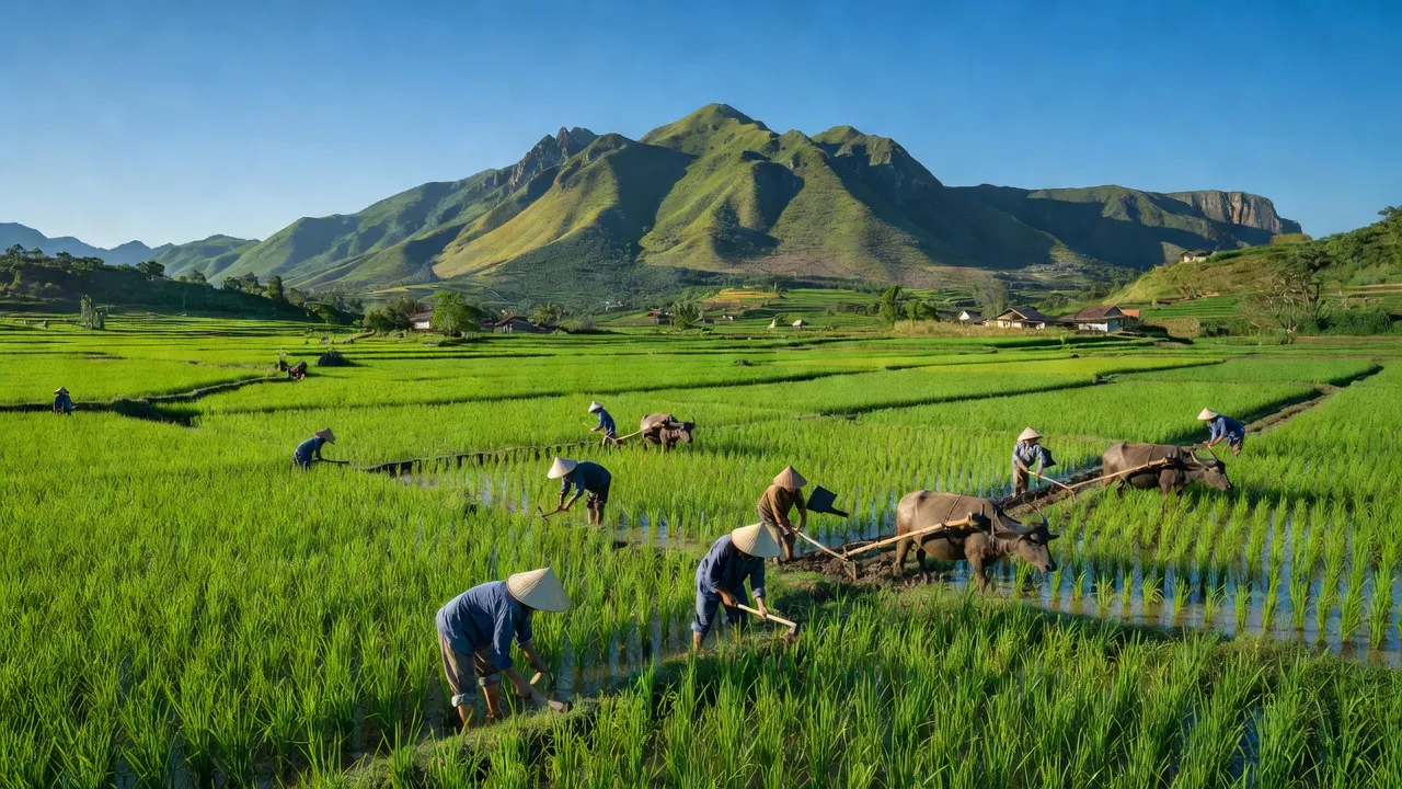 Cảnh đẹp Xã Kim Sơn, Huyện Bảo Yên, Lào Cai với cánh đồng xanh và núi non.