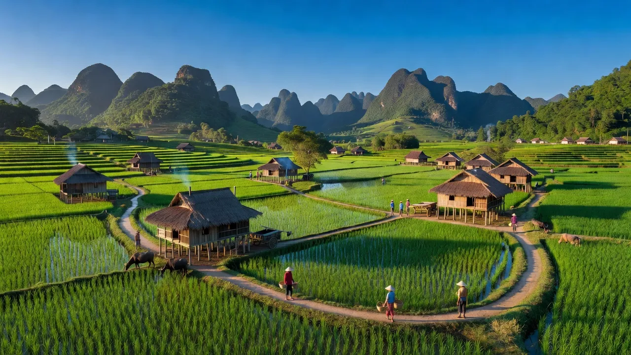 Khung cảnh Xã Kim Sơn, huyện Bảo Yên, Lào Cai với cánh đồng xanh tươi và núi non hùng vĩ.
