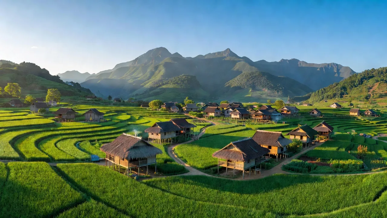 Khung cảnh làng Lương Sơn, huyện Bảo Yên, Lào Cai với đồng cỏ xanh tươi và nhà truyền thống.