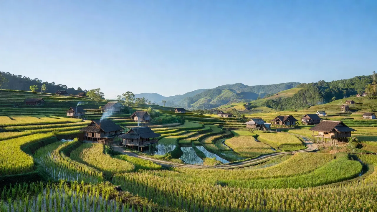 Khung cảnh yên bình tại Xã Lương Sơn, Huyện Bảo Yên, với cánh đồng và nhà truyền thống